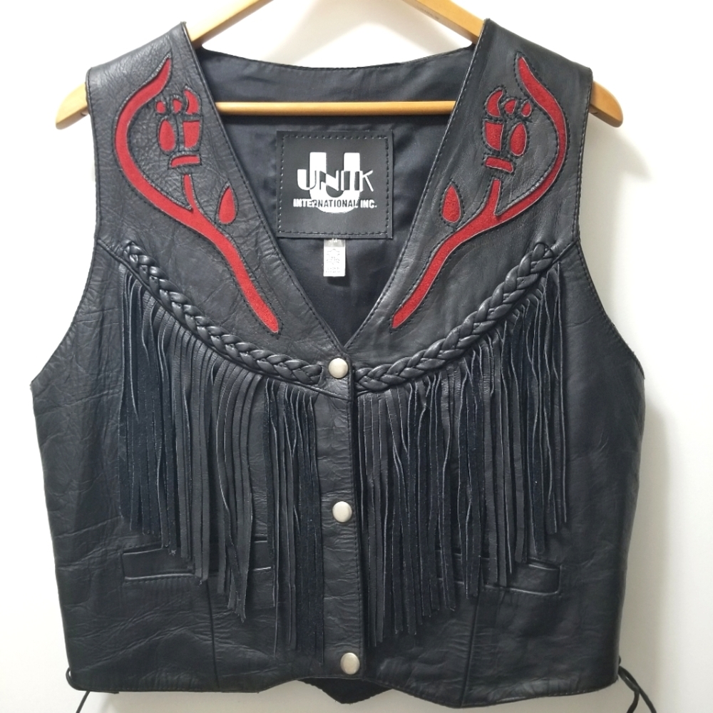 UNIK Vintage Red Rose Leather Biker Vest